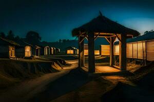 een hut Bij nacht met een licht schijnend Aan het. ai-gegenereerd foto