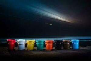 een rij van emmers Aan de strand Bij nacht. ai-gegenereerd foto
