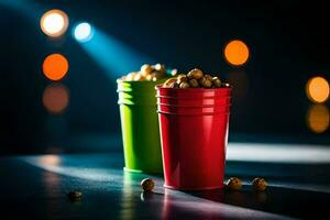 twee cups van popcorn Aan een tafel met lichten. ai-gegenereerd foto