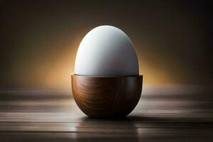 een ei in een houten ei kop Aan een tafel. ai-gegenereerd foto