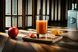 een glas van oranje sap Aan een houten tafel. ai-gegenereerd foto