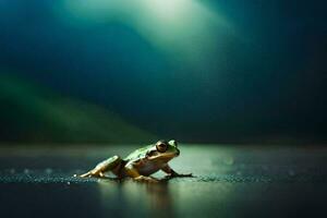 een kikker zittend Aan de grond in voorkant van een helder licht. ai-gegenereerd foto