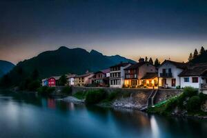 foto behang de lucht, bergen, rivier, huizen, bergen, rivier, huizen, bergen,. ai-gegenereerd