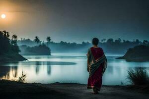 een vrouw in een sari wandelingen langs de kust Bij zonsondergang. ai-gegenereerd foto
