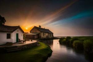 de zon sets over- een klein huis en een rivier. ai-gegenereerd foto