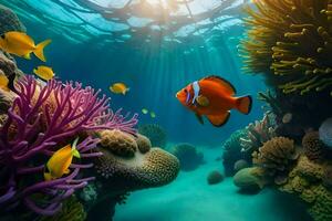 een onderwater- tafereel met clown vis en koralen. ai-gegenereerd foto