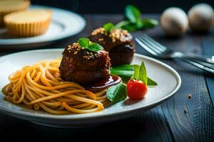 gehaktballen en spaghetti Aan een bord. ai-gegenereerd foto