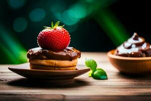 chocola en aardbei Aan een houten tafel. ai-gegenereerd foto