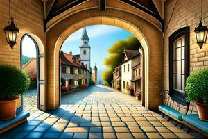 een artistiek schilderij van een straat met een bank en een kerk. ai-gegenereerd foto