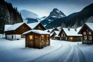foto behang de lucht, sneeuw, bergen, dorp, weg, huizen, bomen, winter,. ai-gegenereerd