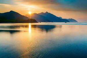 de zon stijgt over- de oceaan en bergen. ai-gegenereerd foto