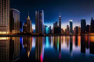 de stad horizon Bij nacht in dubai. ai-gegenereerd foto