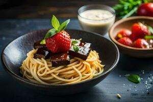 spaghetti met vlees en aardbeien Aan een houten tafel. ai-gegenereerd foto