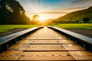 een houten loopbrug leidend naar de zon. ai-gegenereerd foto