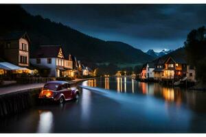 een auto is het rijden naar beneden een rivier- Bij nacht. ai-gegenereerd foto