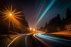 een lang blootstelling foto van een snelweg Bij nacht. ai-gegenereerd