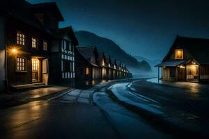 een straat in de mist Bij nacht. ai-gegenereerd foto