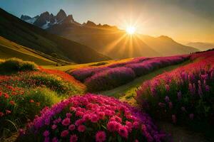 de zon stijgt over- een veld- van bloemen in de bergen. ai-gegenereerd foto