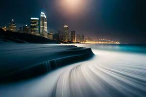 een lang blootstelling fotograaf van de stad horizon Bij nacht. ai-gegenereerd foto