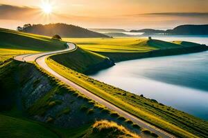 de zon sets over- een kronkelend weg Aan een heuvel. ai-gegenereerd foto