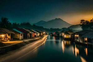 een rivier- in de midden- van een dorp Bij nacht. ai-gegenereerd foto