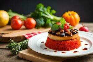 een bord van voedsel met rood rijst- en groenten. ai-gegenereerd foto