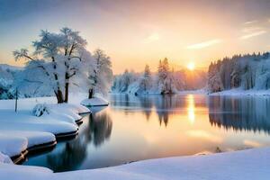 een winter landschap met bomen en water. ai-gegenereerd foto