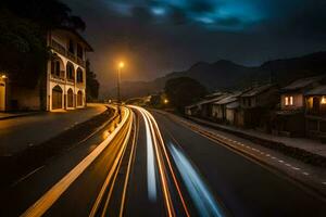 een lang blootstelling fotograaf van een straat Bij nacht. ai-gegenereerd foto