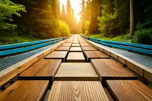 een houten loopbrug in de bossen met de zon schijnt. ai-gegenereerd foto