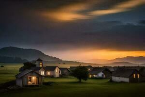 foto behang de lucht, wolken, bergen, zonsondergang, de platteland, huizen, de dorp,. ai-gegenereerd