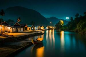 foto behang de maan, nacht, de rivier, boten, huizen, de maan, de rivier. ai-gegenereerd