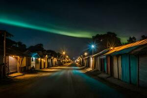 een straat met huizen en een groen Aurora licht. ai-gegenereerd foto