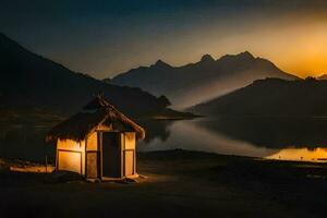 de hut Bij zonsondergang in de bergen. ai-gegenereerd foto