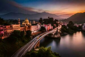 de stad van udaipur, Indië Bij zonsondergang. ai-gegenereerd foto