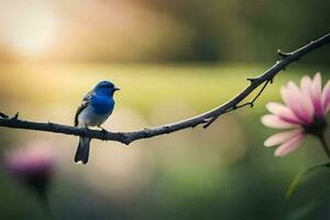 een blauw vogel zit Aan een Afdeling in voorkant van roze bloemen. ai-gegenereerd foto