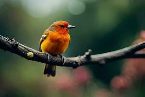 een klein oranje vogel zit Aan een Afdeling. ai-gegenereerd foto