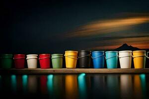 kleurrijk cups bekleed omhoog Aan een dok Bij nacht. ai-gegenereerd foto
