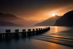 een lang blootstelling fotograaf van een pier in de midden- van een meer. ai-gegenereerd foto