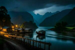 een boot zit Aan de rivier- Bij nacht. ai-gegenereerd foto