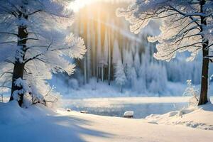 een besneeuwd Woud met bomen en een meer. ai-gegenereerd foto