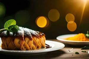 een bord van pasta met saus en specerijen. ai-gegenereerd foto