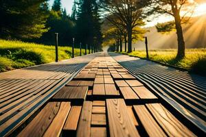 een houten loopbrug in de midden- van een veld. ai-gegenereerd foto