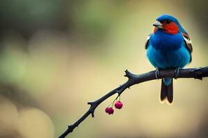 een kleurrijk vogel zit Aan een Afdeling met bessen. ai-gegenereerd foto