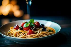 spaghetti met bessen en olijven in een schaal. ai-gegenereerd foto