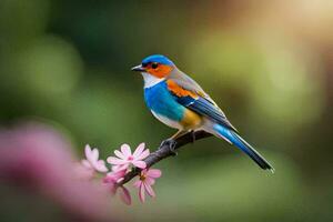 een kleurrijk vogel zit Aan een Afdeling met roze bloemen. ai-gegenereerd foto