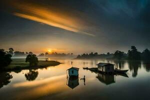 een boot is zittend Aan de water Bij zonsondergang. ai-gegenereerd foto