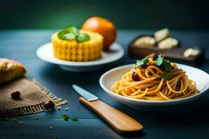 spaghetti met oranje en veenbes saus. ai-gegenereerd foto