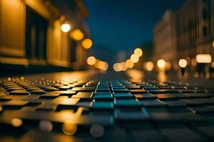 een stad straat Bij nacht met lichten Aan de straat. ai-gegenereerd foto