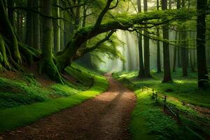 een pad door een groen Woud met bomen en zon. ai-gegenereerd foto