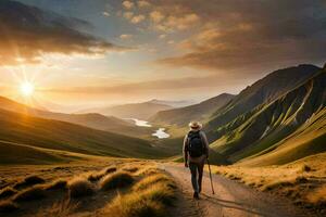 een persoon met een rugzak wandelingen Aan een aarde weg in de bergen. ai-gegenereerd foto
